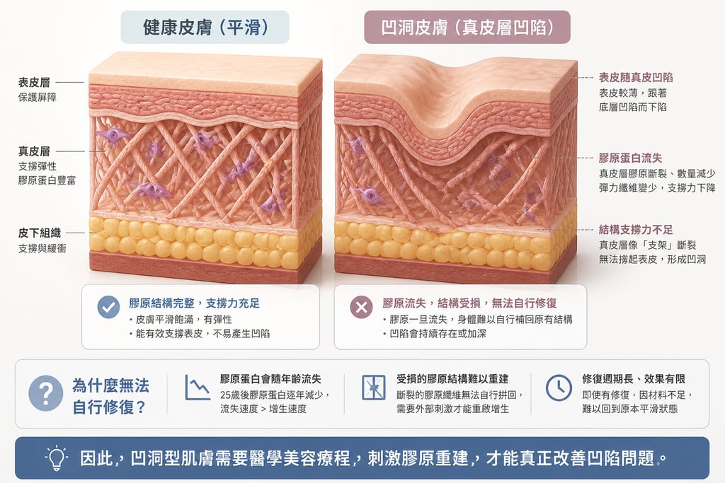 皮膚橫切面示意圖 健康皮膚(平滑) 凹洞皮膚(真皮層凹陷)