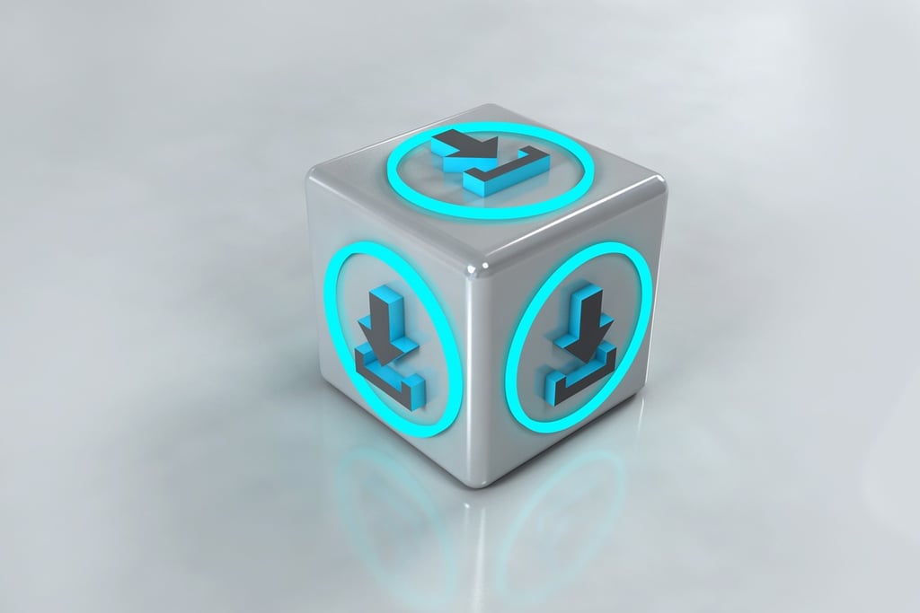 A 3D metallic cube featuring glowing blue neon download icons on each side.