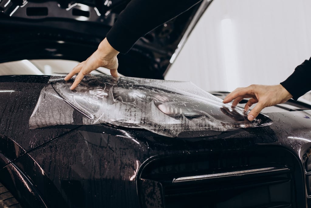 Technician applying paint protection film (PPF) to a black car hood