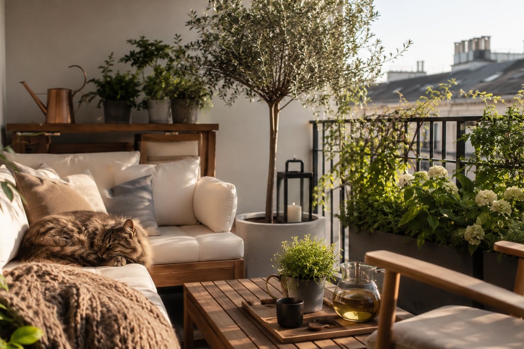 Sunlit indoor-outdoor living space with natural wood furniture, woven textures, botanical details an