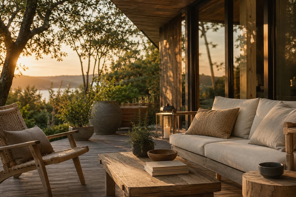 Outdoor living inspiration featuring warm lighting, natural materials and timeless Scandinavian design.