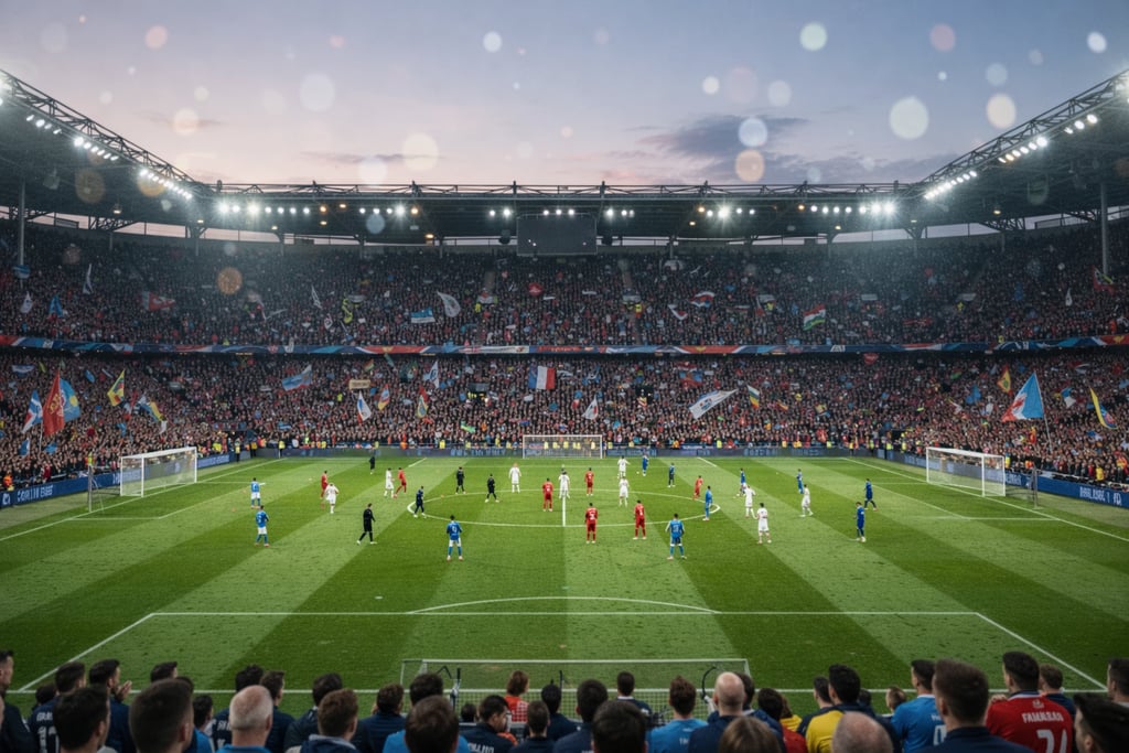 Partida de futebol do Brasileirão em estádio lotado ao entardecer. Cobertura completa no portal Futebol no Mundo.