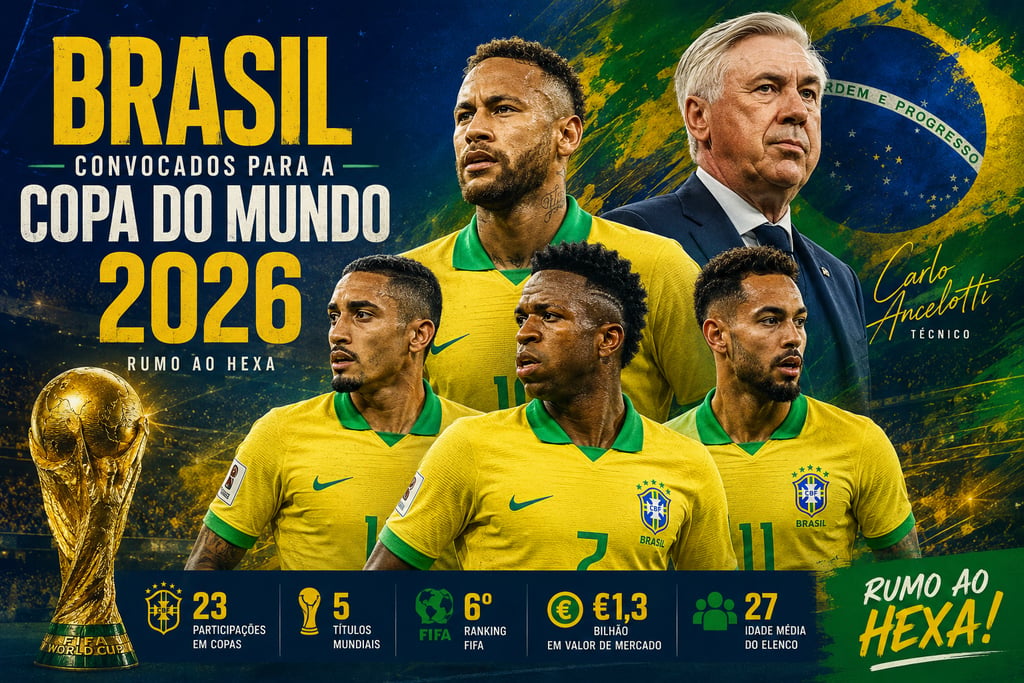 Convocação da Seleção Brasileira para a Copa do Mundo 2026 com Neymar, Vini Jr e Carlo Ancelotti em pôster esportivo.