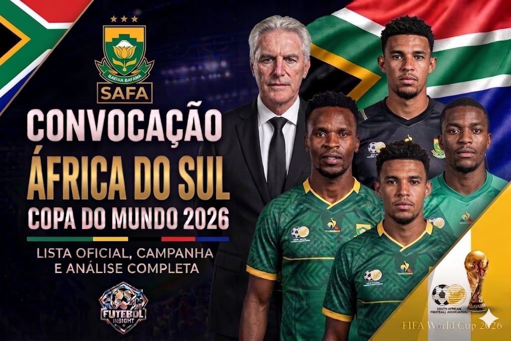 Arte da Copa 2026: "Convocação África do Sul", com técnico Hugo Broos e os jogadores da seleção sul-africana.