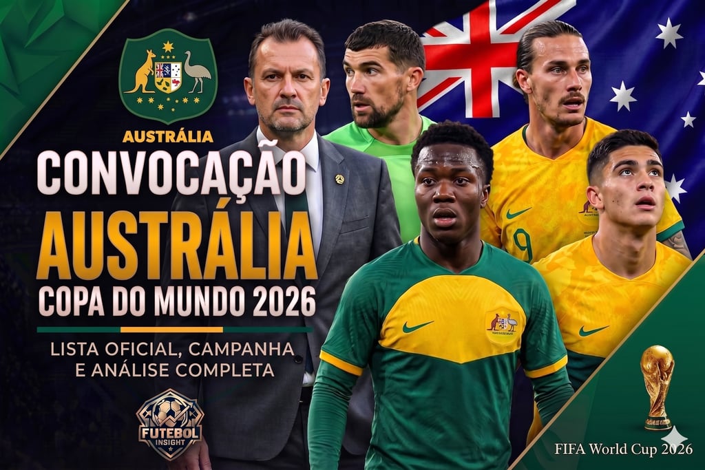 Banner da Austrália para a Copa 2026 com Tony Popovic, Nestory Irankunda e elenco australiano.