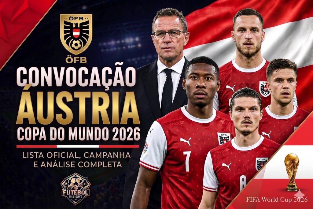 Post da convocação da Áustria para a Copa 2026 com o técnico Rangnick, jogadores, bandeira do país e troféu da FIFA.