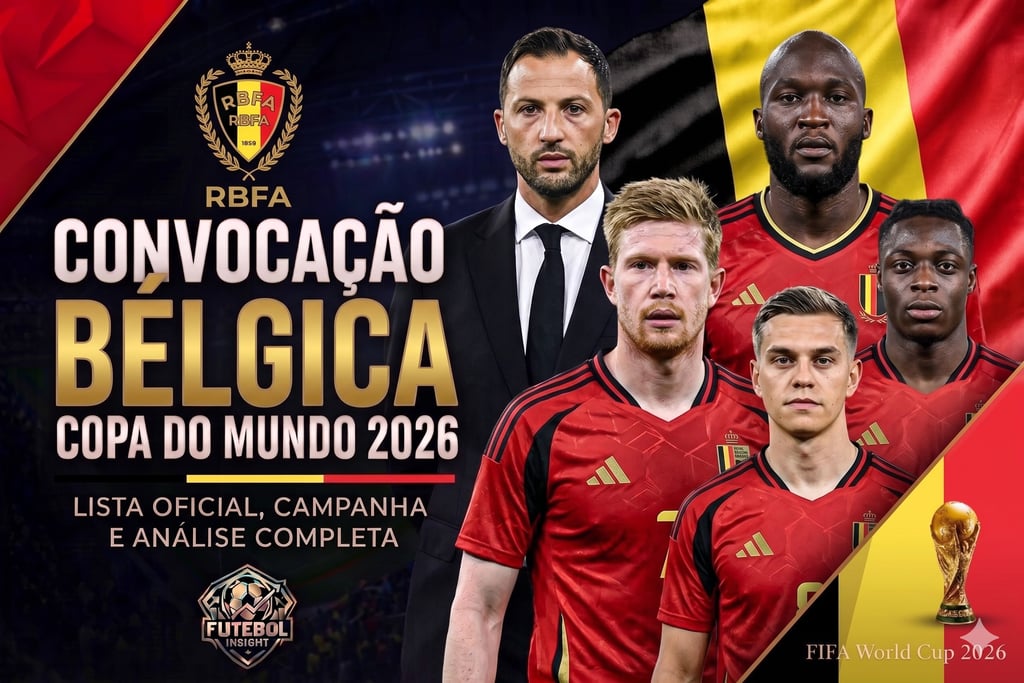 Post da convocação da Bélgica para a Copa 2026 com o técnico Tedesco, jogadores, bandeira do país e troféu da FIFA.