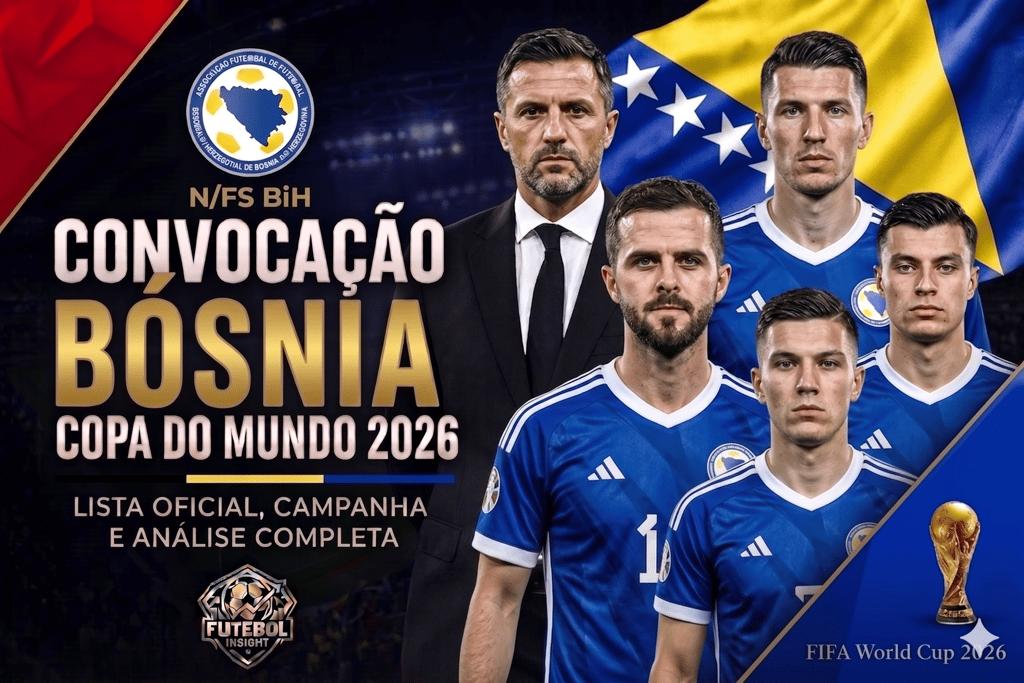 Post da convocação da Bósnia para a Copa 2026 com o técnico Barbarez, jogadores, bandeira do país e troféu da FIFA.