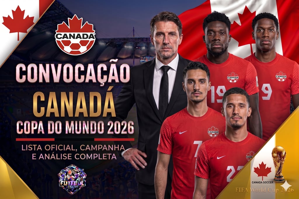Anúncio da convocação do Canadá para a Copa 2026, com o técnico e os quatro jogadores.