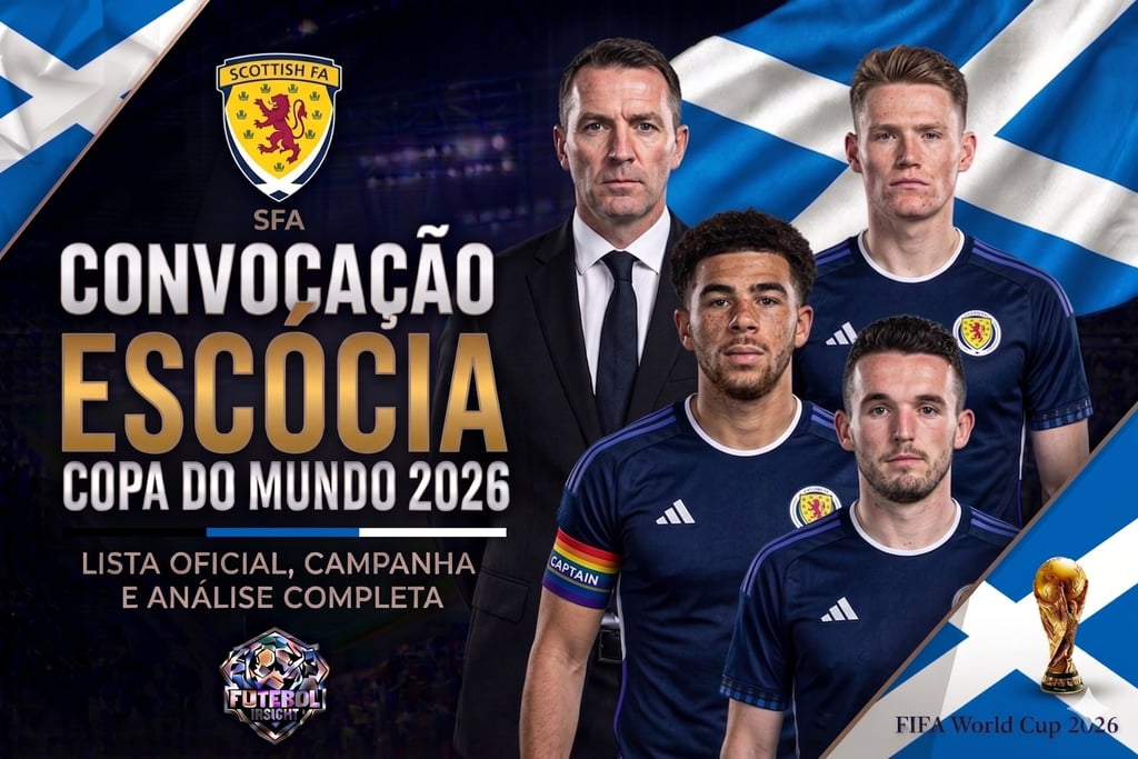 Post da convocação da Escócia para a Copa 2026 com o técnico Clarke, jogadores, bandeira do país e troféu da FIFA.