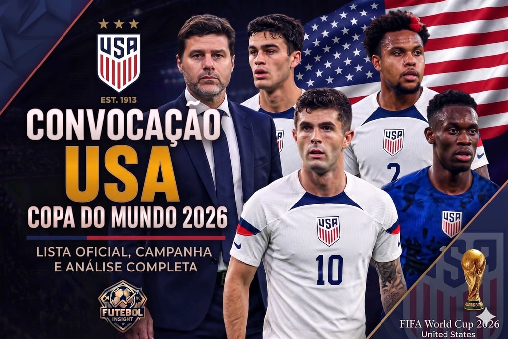Anúncio da convocação dos EUA para a Copa 2026, com técnico Pochettino, jogadores e a bandeira do país ao fundo.