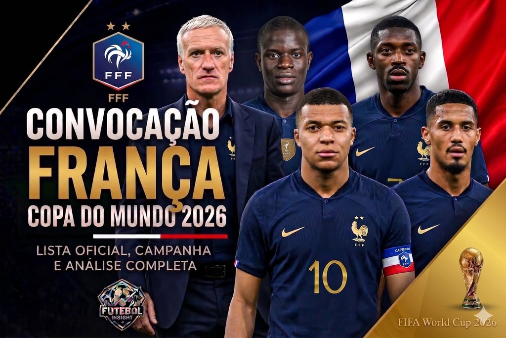 Seleção da França para a Copa do Mundo 2026 em pôster esportivo com Mbappé e clima de competição mundial.