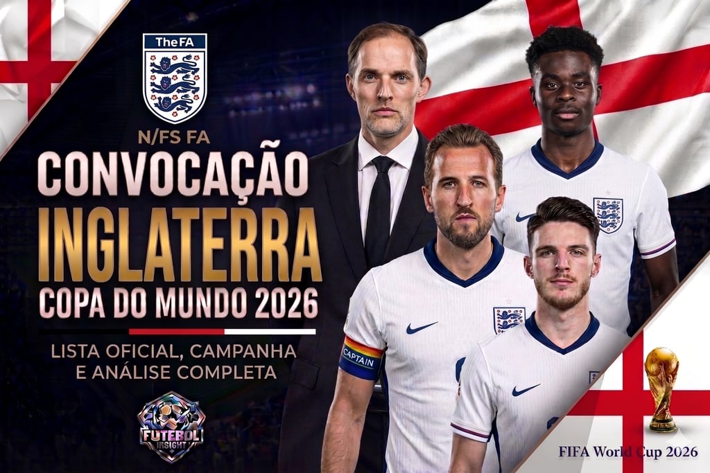 Post da convocação da Inglaterra para a Copa 2026 com o técnico Tuchel, jogadores, bandeira do país e troféu da FIFA.