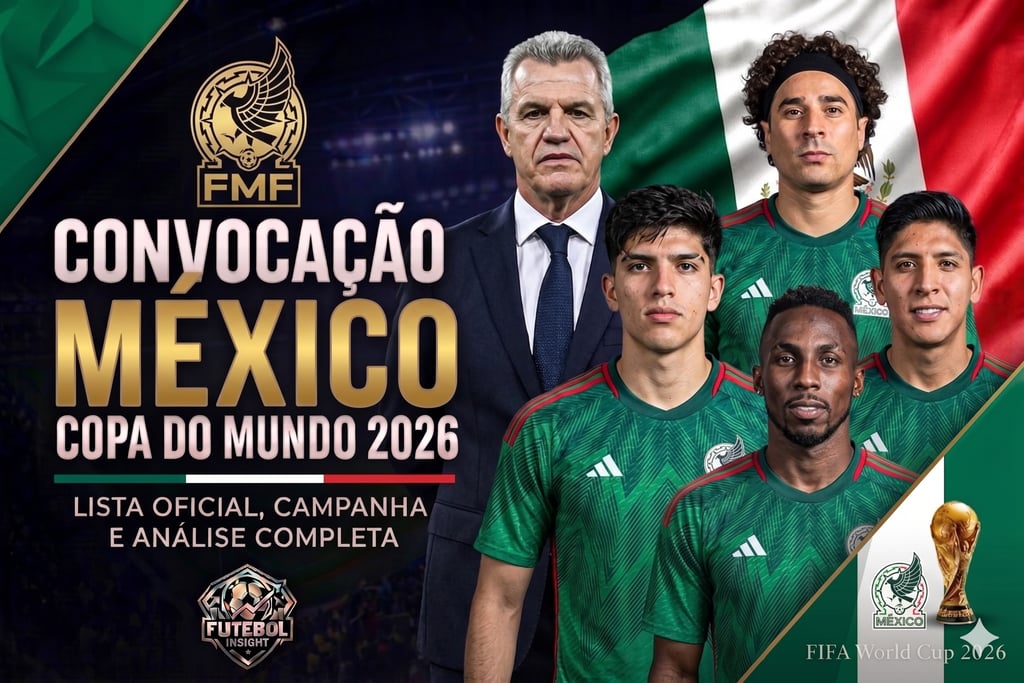 Arte para Copa 2026: "Convocação México", com técnico Javier Aguirre e jogadores como Ochoa e Julián Quiñones.