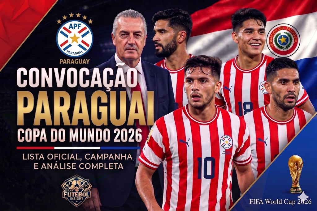 Arte da convocação do Paraguai para a Copa 2026, com o técnico Gustavo Alfaro e jogadores com camisa alvirrubra.