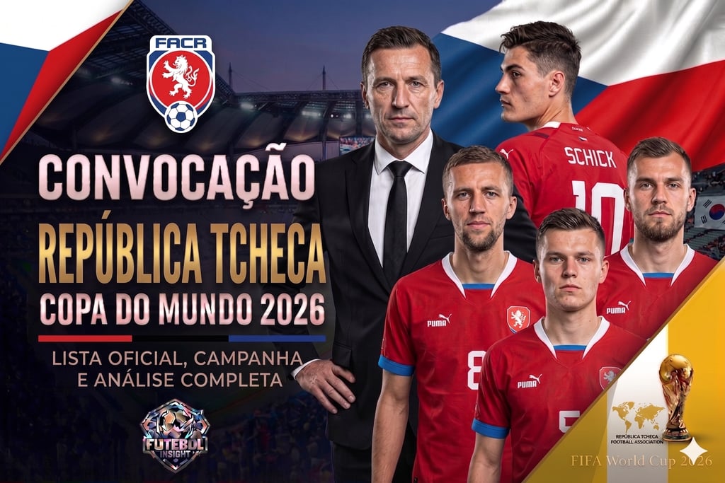 Arte de convocação da República Tcheca para a Copa do Mundo 2026, mostrando o técnico Miroslav Koubek e quatro jogadores.