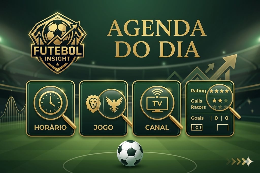 Banner de agenda do dia do portal Futebol Insight com claquete, horários de jogos e logotipo dourado sobre fundo de estádio.