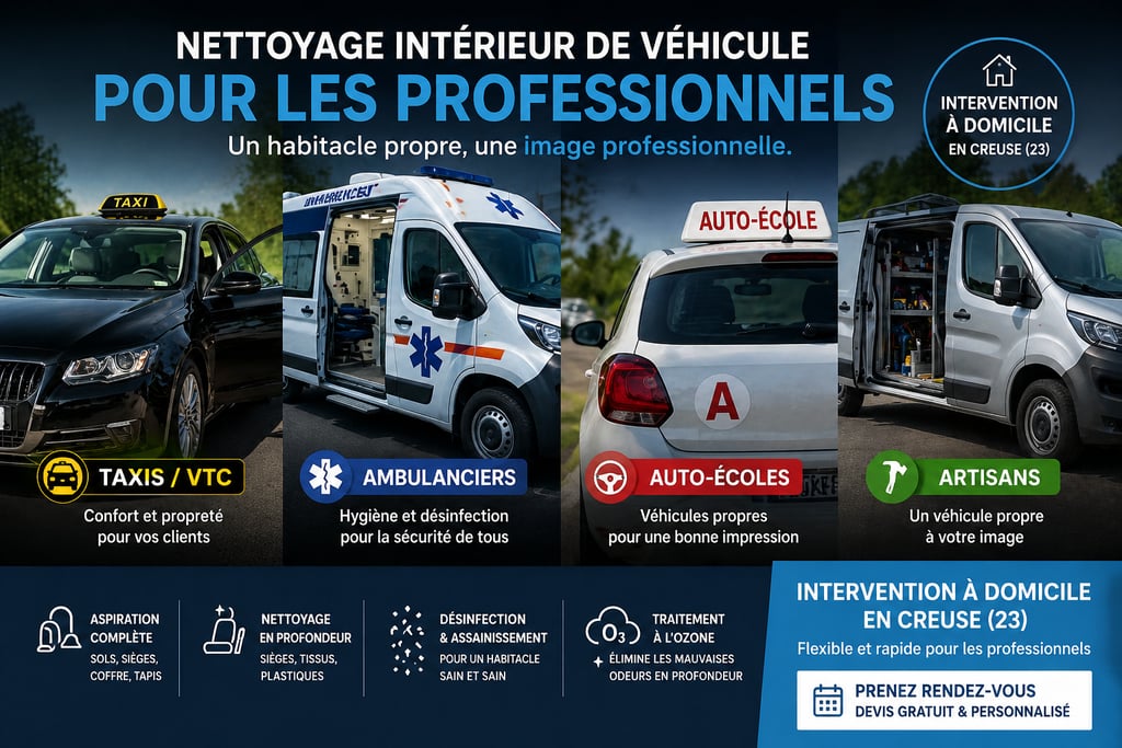 Nettoyage véhicule pour professionnel : taxi, vtc, ambulance, auto école, artisan, tracteur agricole
