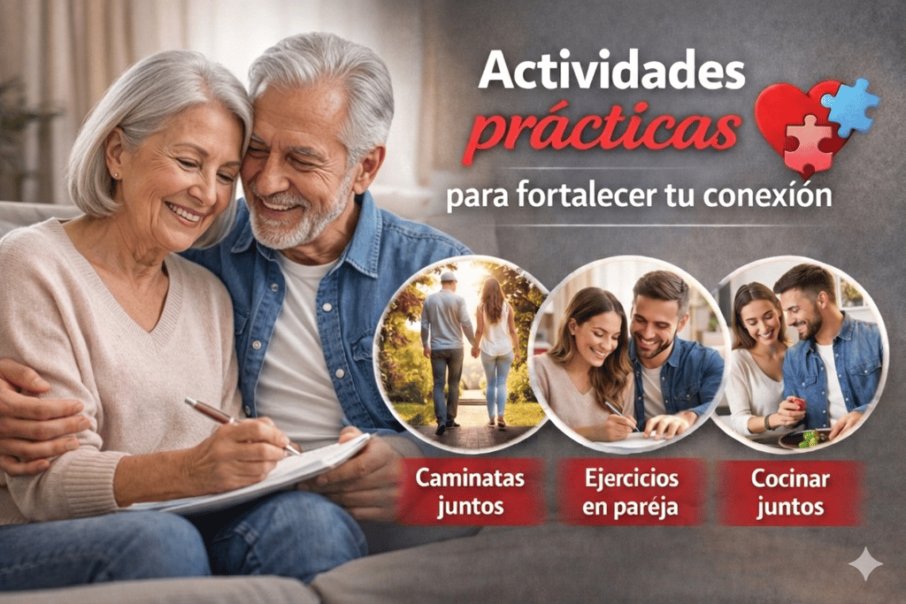 Pareja de adultos mayores realizando actividades prácticas para fortalecer su relación y conexión emocional.