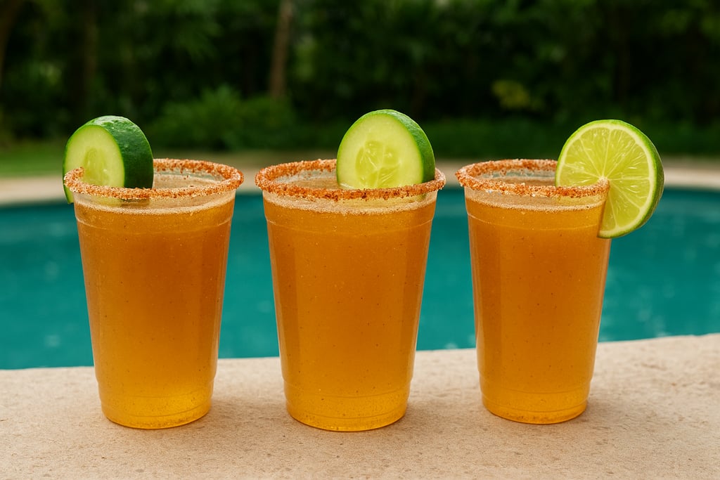 Micheladas con cerveza, limón, sal y tajín, decoradas con rodajas de pepino en una de alberca.