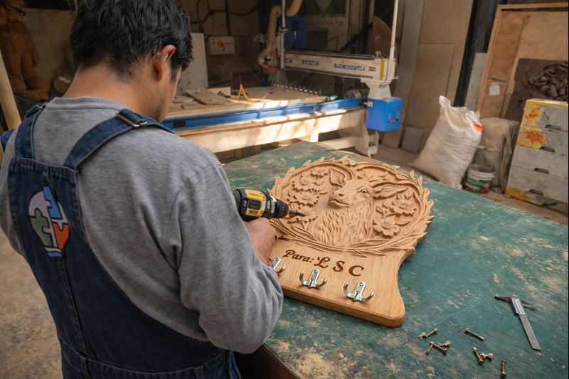 Montaje de accesorios metálicos en perchero de madera fabricado a medida