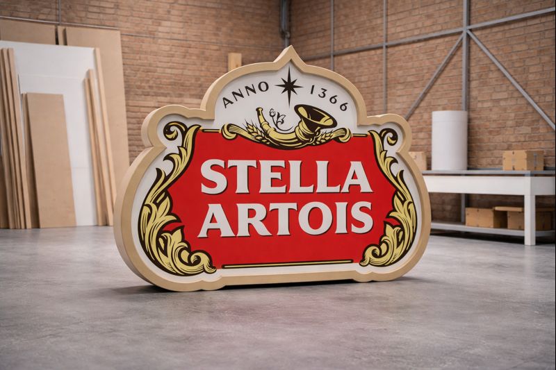 Escenografía personalizada para activación de marca Stella Artois, letrero corporativo fabricado med