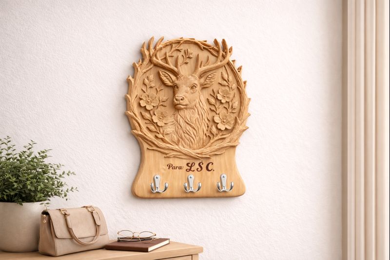Perchero personalizado en madera con tallado CNC de ciervo y motivos florales, diseño decorativo fab