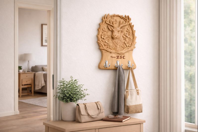 Perchero decorativo de madera personalizado integrado en espacio interior