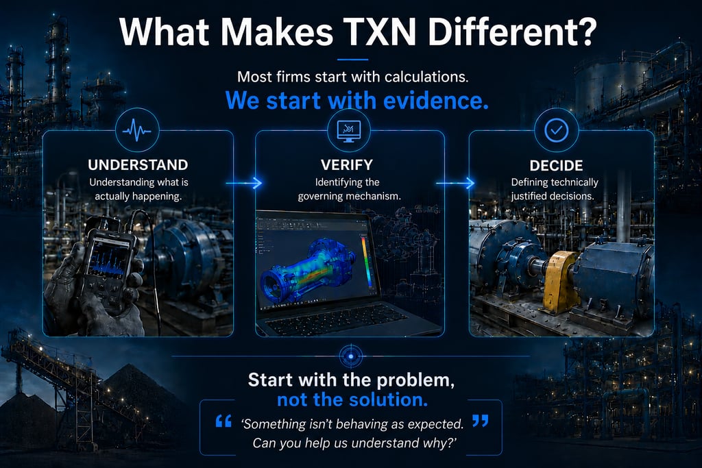 TXN engineering investigation methodology showing Understand, Verify and Decide based on evidence