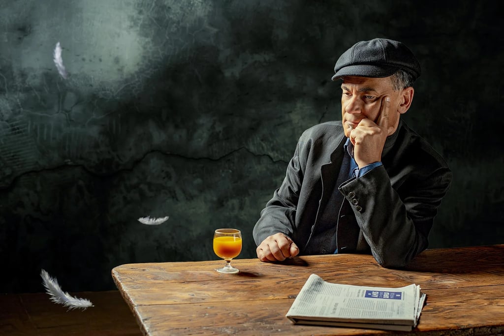 Portrait homme à casquette noire, plumes, cognac, journal sur table rustique, Hautes-Pyrénées