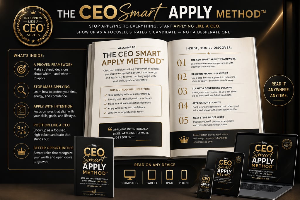 The CEO Smart Apply Method guidebook and digital devices displaying job search strategy framework.