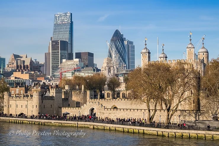Tower of London and modern architecture, London, UK, photography by Philip Preston.