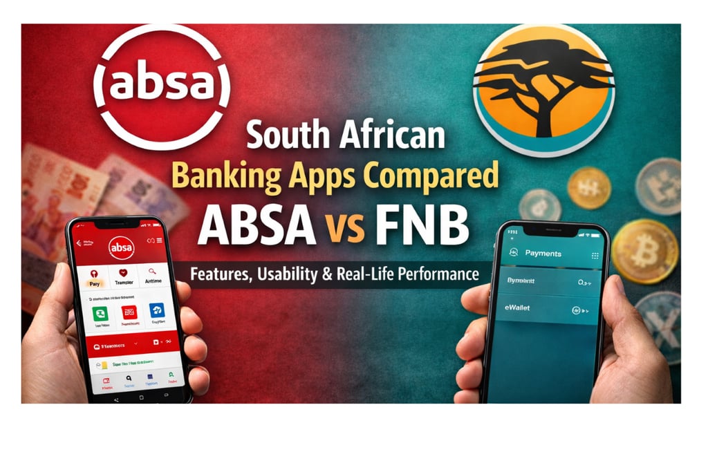 Comparison of South African banking apps ABSA and FNB showing app interfaces on iPhones.