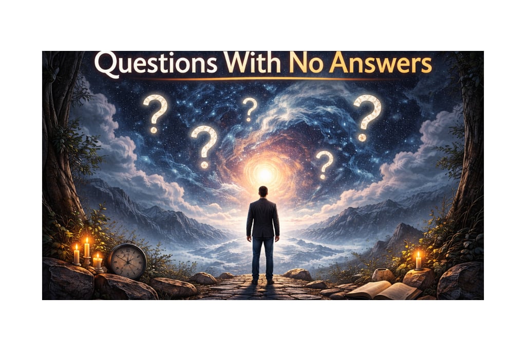 Man and a clock and full of question marks.