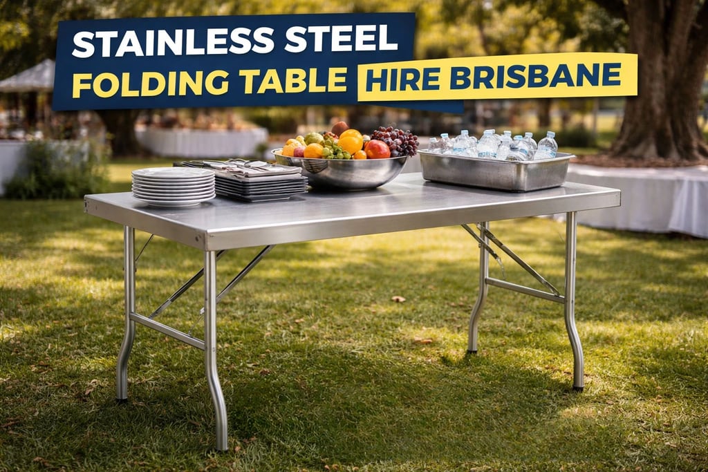 Portable stainless steel table hire Brisbane with a folding design.