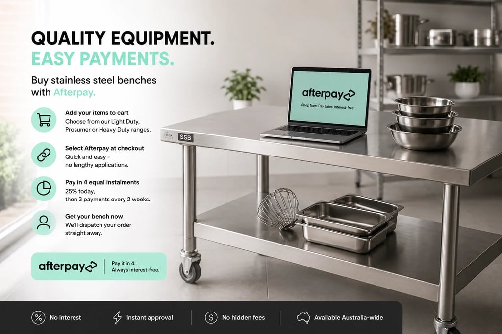 Easy interest-free payments for stainless steel benches using Afterpay.