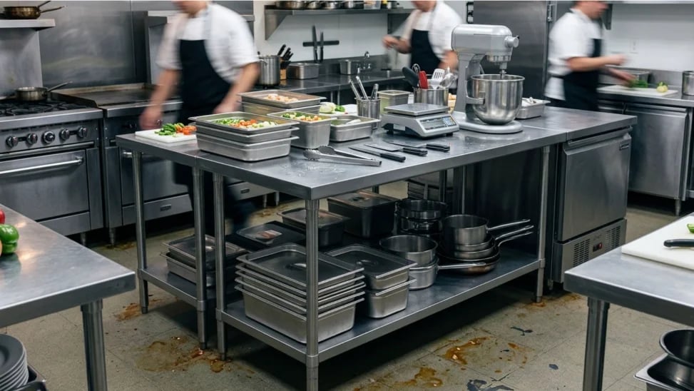 Heavy duty stainless steel bench holding kitchen equipment and supplies.