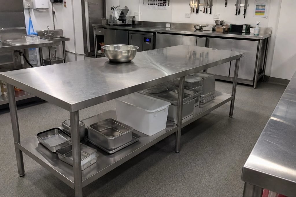 Stainless steel benches for commercial kitchens holding bowls and containers.