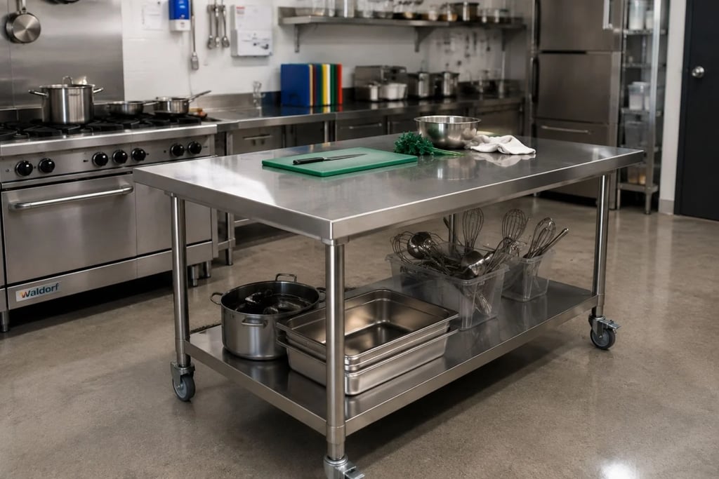 Rolling stainless steel benches for commercial kitchens with under-shelf storage.