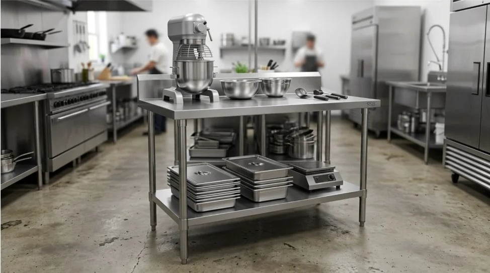 Heavy duty stainless steel bench with a commercial mixer and prep tools.