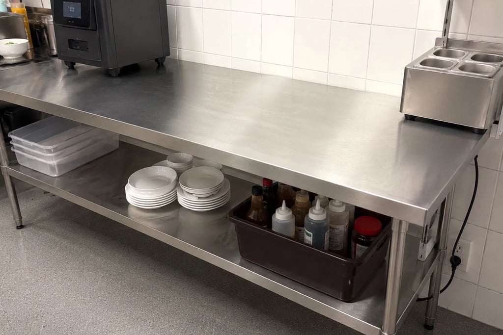 Long stainless steel benches for commercial kitchens holding plates and condiments.