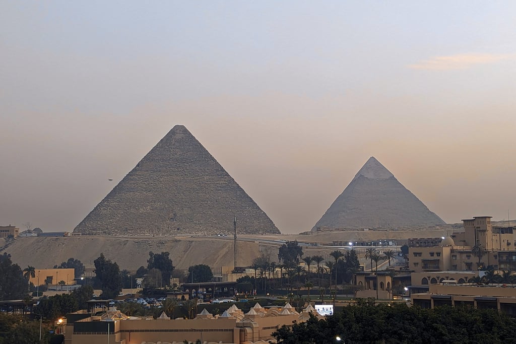 Sunset seen from the rooftop terrace at the Kove by the Pyramids hotel