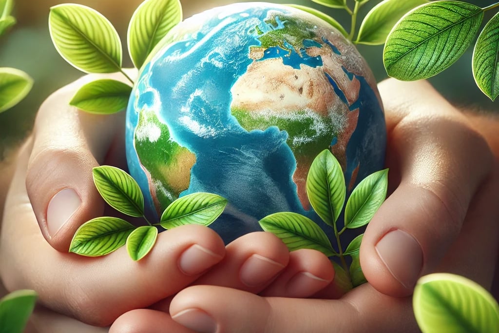 Mãos humanas segurando um pequeno globo terrestre  destacando a conexão entre humanidade e natureza