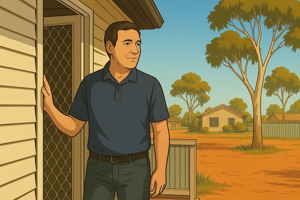 Italian-Australian man on veranda in Robinvale stepping outside calmly in bright morning light, gum trees and homes behind.
