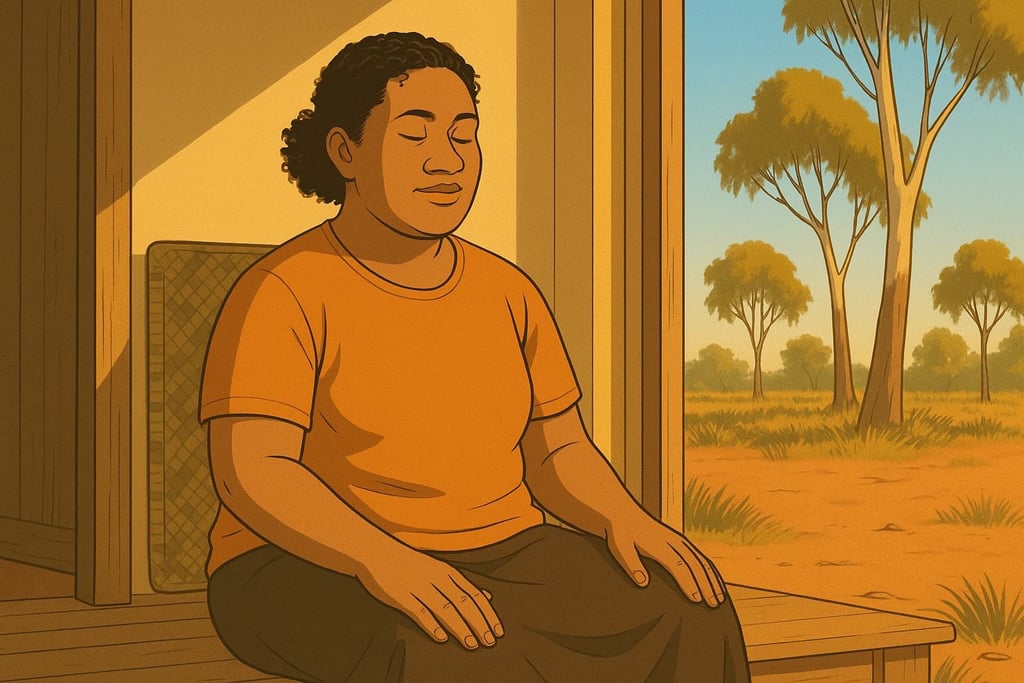 Tongan woman sitting calmly on veranda in Robinvale, eyes closed, relaxed in warm morning light among gum trees.