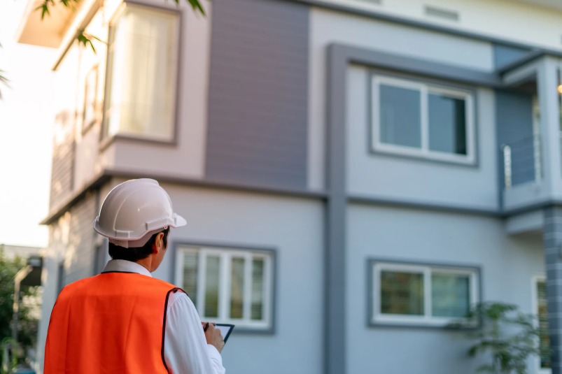 A professional home inspector in a hard hat and safety vest inspecting a modern house facade.