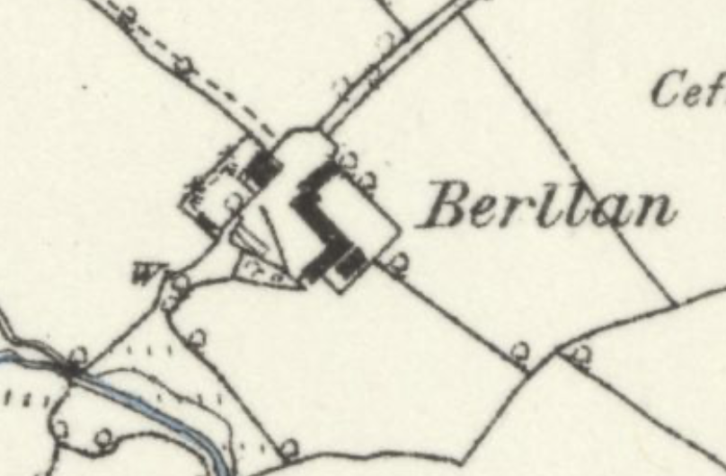 Extract from 1872 Ordnance survey map showing Berllan farm buildings