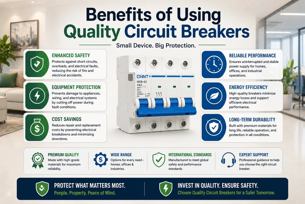 Infographic showing benefits of quality circuit breakers like safety, equipment protection, and energy efficiency.