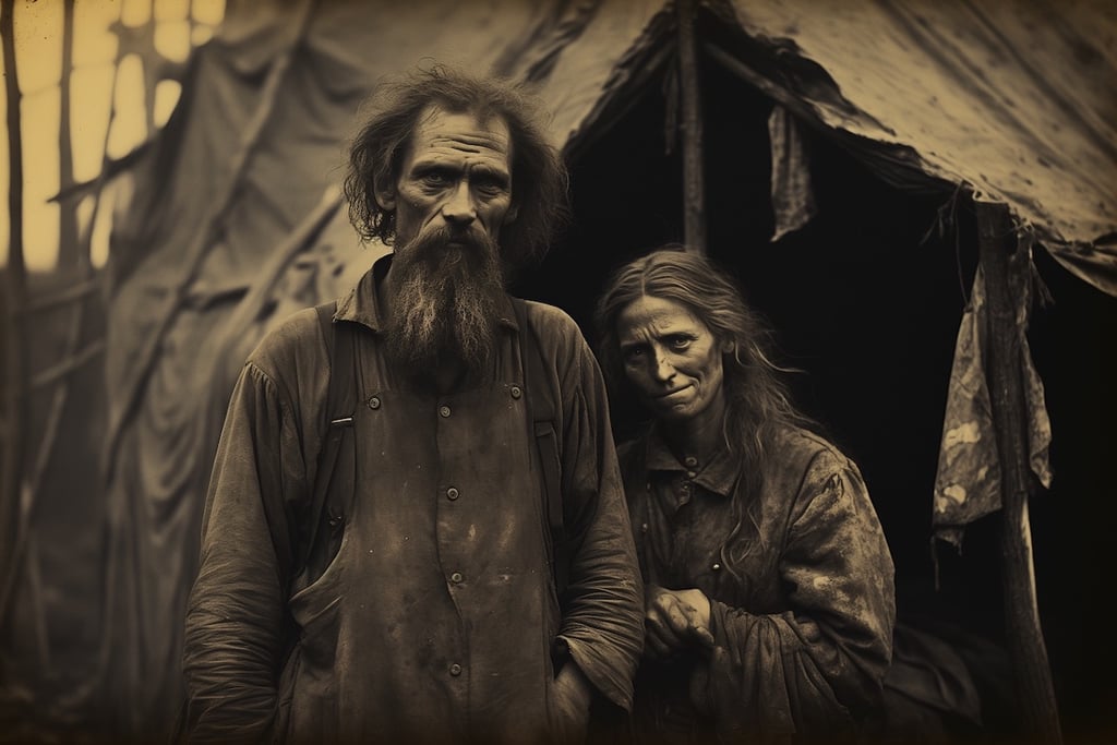An early Australian pioneering couple in front of the shanty home