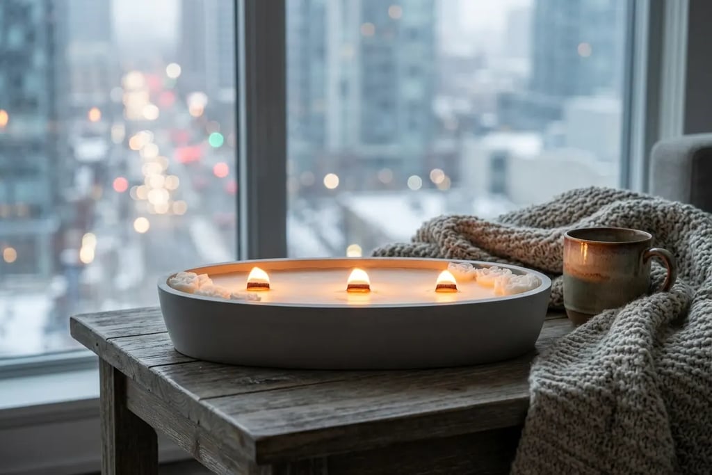 Ambiente acogedor 'anti-estrés' con vela encendida de tres mechas Your Wax Light, manta de punto y café frente a una ventana.